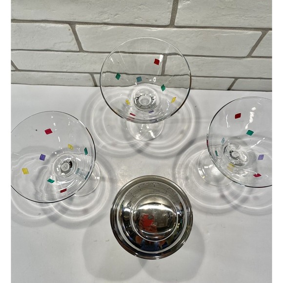Art Deco Glass Martini glasses Confetti with Matching Shaker Qty 3 - Picture 4 of 12